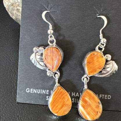 Navajo Orange Spiny Oyster Dangle Earrings | Sterling Silver | 1.5" | Authentic Native American Handmade | 16567