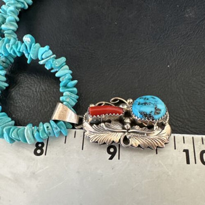Navajo Blue Turquoise Coral Pendant Necklace | Sterling Silver Pearls | 20" | Authentic Native American Handmade | 17541