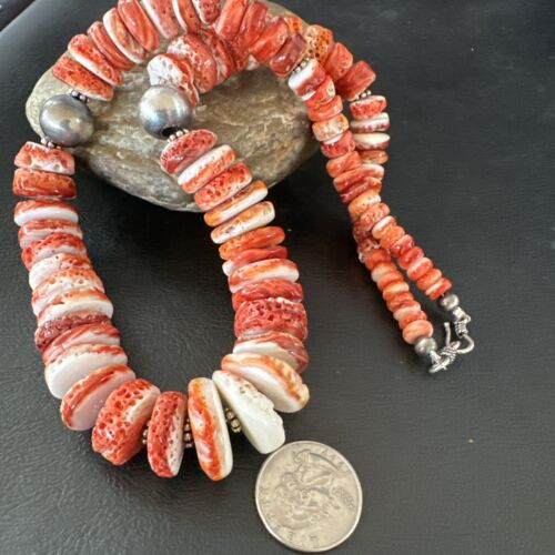 Navajo Red Spiny Oyster Graduated Necklace | Sterling Silver | Authentic Native American | 30" | 17405