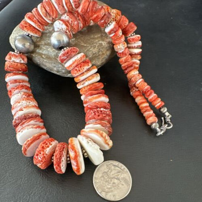 Navajo Red Spiny Oyster Graduated Necklace | Sterling Silver | Authentic Native American | 30" | 17405