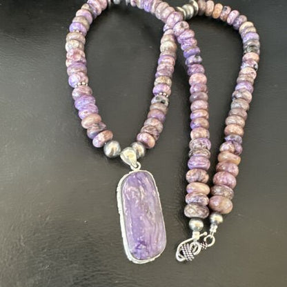 Navajo Purple Charoite Pendant with Pearls | Sterling Silver Necklace | Authentic Native American Handmade | 16338