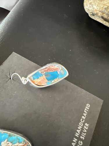 Navajo Blue Turquoise & Orange Spiny Oyster Inlay Dangle Earrings | Sterling Silver | 15585