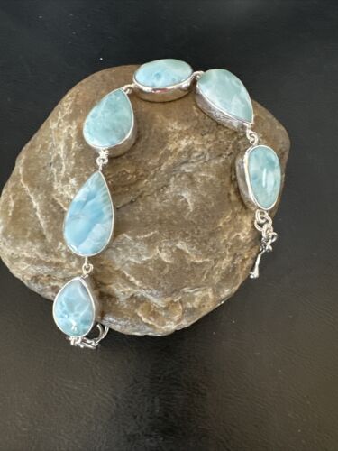 Navajo Blue Larimar Link Bracelet | Sterling Silver | 8" | Authentic Native American Handmade | 16079