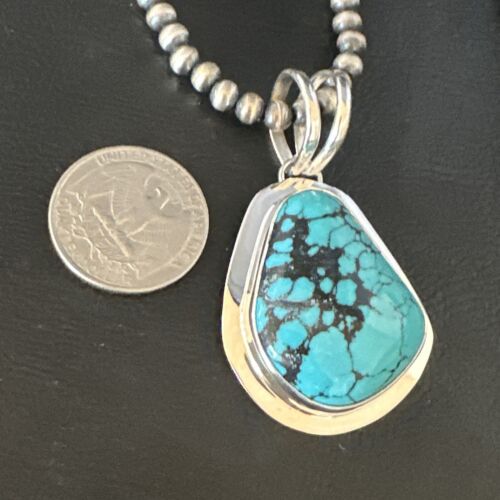 Men's Blue Spiderweb Turquoise Pendant Necklace | Navajo Sterling Silver | Authentic Native American Handmade | 14972