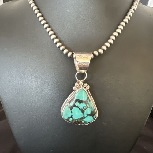 Men's Spiderweb Turquoise Pendant | Navajo Pearls Sterling Silver Necklace | Authentic Native American Handmade | 17068