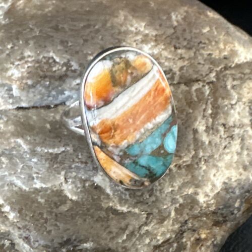 Navajo Turquoise Spiny Oyster Ring | Sterling Silver | Sz 8 | Authentic Native American Handmade | 16612