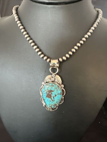 Navajo Blue Turquoise Pendant Necklace | Sterling Silver Pearls | Authentic Native American Handmade | 15640