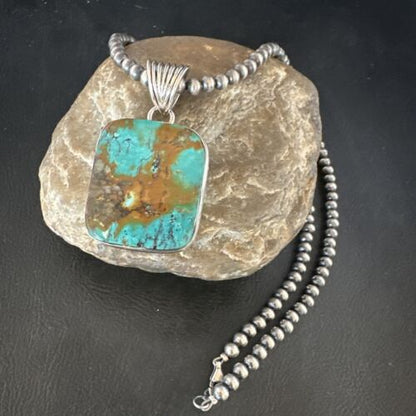 Navajo Blue Spiderweb Turquoise Pendant | Sterling Silver Necklace with Pearls | Authentic Native American Handmade | 15569