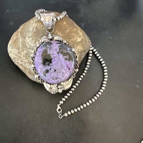 Navajo Purple Charoite Pendant with Pearls | Sterling Silver Necklace | Authentic Native American Handmade | 17154