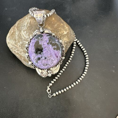 Navajo Purple Charoite Pendant with Pearls | Sterling Silver Necklace | Authentic Native American Handmade | 17154