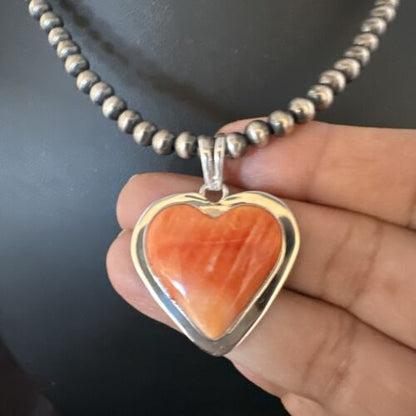 Navajo Orange Heart Spiny Oyster Pendant | Sterling Silver Necklace | Authentic Native American Handmade | 15015