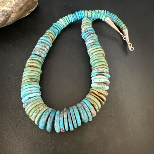 Navajo Blue Green Turquoise Necklace | Sterling Silver Graduated Beads | Authentic Native American | 19" | 15318