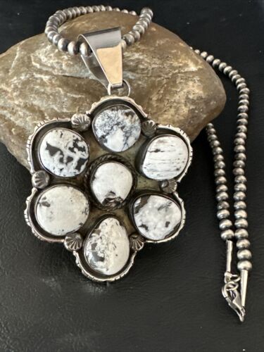 Navajo White Buffalo Turquoise Sterling Silver Pendant Necklace | Multi-Stone | 14898