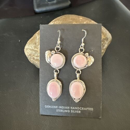 Navajo Pink Conch Shell Dangle Earrings | Sterling Silver | Authentic Native American Handmade | 17215