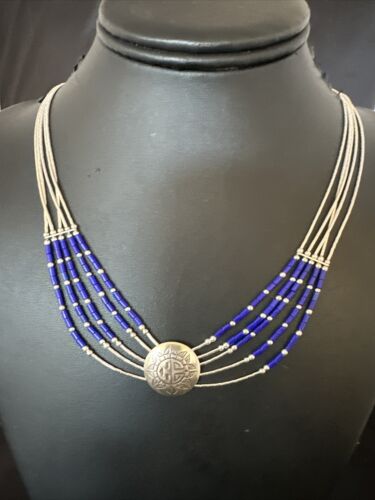 Concha Blue Lapis Heishi | Navajo Liquid Sterling Silver Necklace | 5 Strand | 20" | 15874