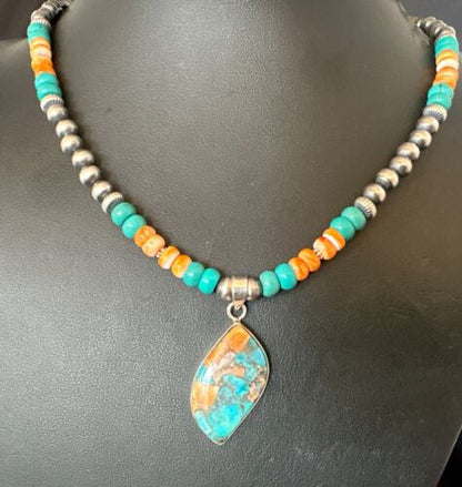 Navajo Spiny Turquoise Pendant Necklace | Sterling Silver | 21" | Authentic Native American Handmade | 17518