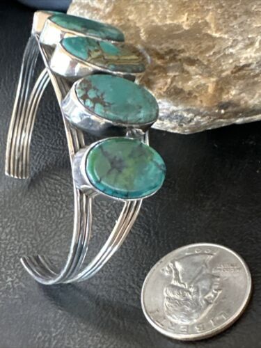 Women's Blue Turquoise 5-Stone Cuff Bracelet | Navajo Sterling Silver | Authentic Native American Jewelry | 16166