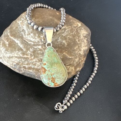 Navajo Green Turquoise Pendant Necklace | Sterling Silver | Authentic Native American Handmade | 15020