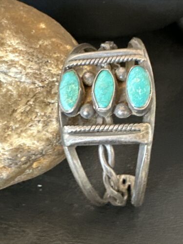 Women's Navajo Sterling Silver Cuff Bracelet | Blue Arizona Turquoise | 3 Stone | 16430