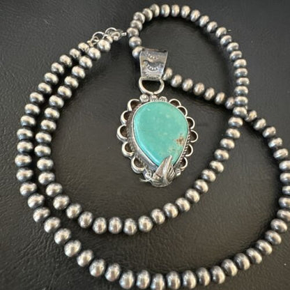 Navajo Blue Turquoise Pendant Necklace | Sterling Silver Pearls | Authentic Native American Handmade | 15656