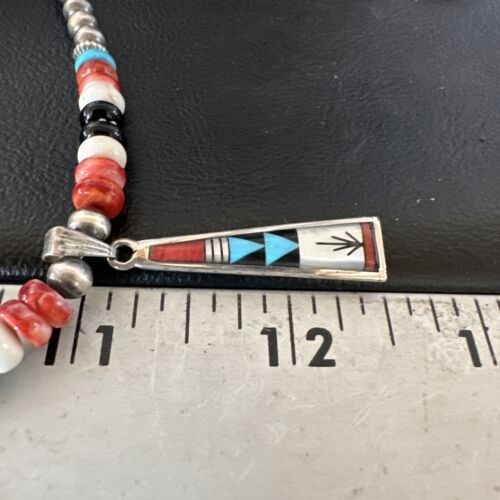 Navajo Turquoise Spiny Oyster Inlay Pendant Necklace | Sterling Silver | Authentic Native American Handmade | 13562