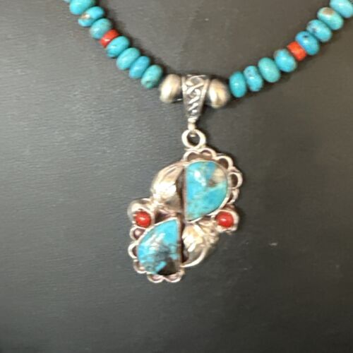 Navajo Blue Turquoise Coral Pendant Necklace | Sterling Silver | Multi-Stone | Authentic Native American Handmade | 15257