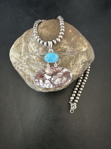 Navajo Wild Horse | Blue Kingman Turquoise Necklace | Sterling Silver | Authentic Native American Handmade | 17307