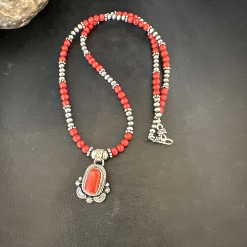 Southwestern Navajo Red Coral Pendant Necklace | Sterling Silver Pearls | 21" | 17538