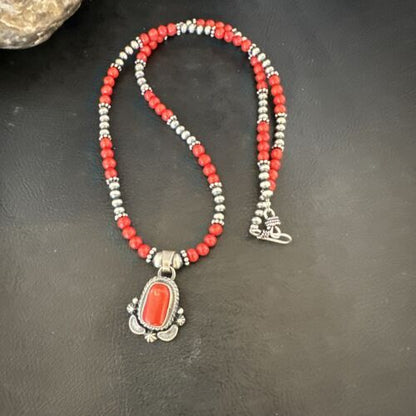 Southwestern Navajo Red Coral Pendant Necklace | Sterling Silver Pearls | 21" | 17538