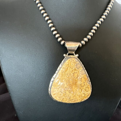 Navajo Pearls Champagne Fossil Coral Pendant Necklace | Sterling Silver Beads | Native American Handmade | 16372