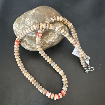 Navajo Red Spiny Oyster Jasper Necklace | Sterling Silver | 23" | Authentic Native American Handmade | 10156