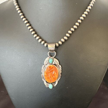Navajo Spiny Oyster | Blue Turquoise Pendant Necklace | Sterling Silver | Native American Handmade | 16458