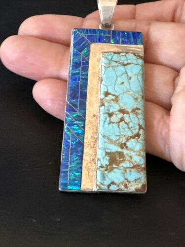 Men's Women's Blue #8 Turquoise Opal Inlay Pendant | Navajo Sterling Silver | 15198