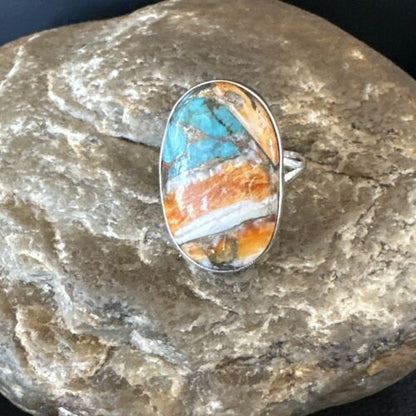 Navajo Turquoise Spiny Oyster Ring | Sterling Silver | Sz 8 | Authentic Native American Handmade | 16612