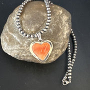Navajo Orange Heart Spiny Oyster Pendant | Sterling Silver Necklace | Authentic Native American Handmade | 15015