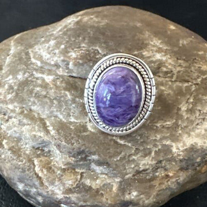 Navajo Purple Charoite Oval Ring | Sterling Silver | Sz 8 | Authentic Native American Handmade | 15541