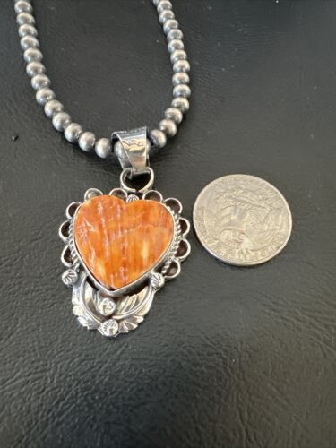Navajo Orange Spiny Oyster Heart Pendant Necklace | Sterling Silver | Authentic Native American Handmade | 16419