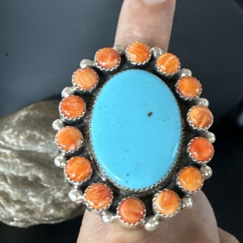 Navajo Women's Cluster Turquoise Spiny Oyster Ring | Authentic Native American Sterling Silver | Multi-Stone | Sz 12 | 16026 - Masha USA