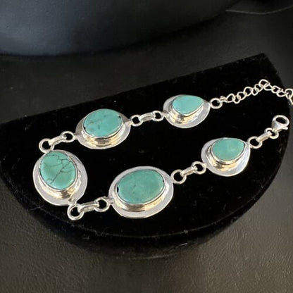 Navajo Blue Turquoise Link Bracelet | Sterling Silver | 8" | Authentic Native American Handmade | 15478