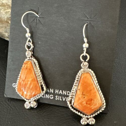 Navajo Orange Spiny Oyster Dangle Earrings | Sterling Silver | Authentic Native American Handmade | 17273