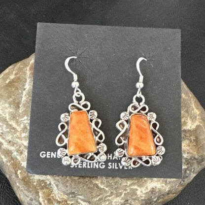 Navajo Orange Spiny Oyster Dangle Earrings | Sterling Silver | Authentic Native American Handmade | 17266
