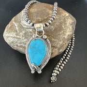 Navajo Blue Turquoise Pendant Necklace | Sterling Silver Pearls | Authentic Native American Handmade | 15645
