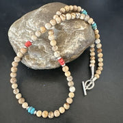 Navajo Turquoise Coral Picture Jasper Necklace | Sterling Silver | 20" | Authentic Native American Handmade | 17608