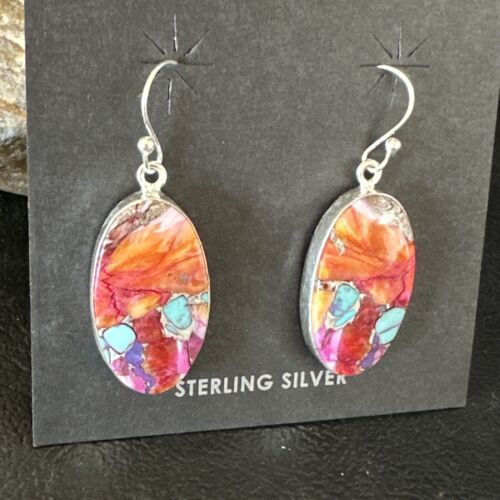 Navajo Blue Turquoise Red Spiny Oyster Inlay Dangle Earrings | Sterling Silver | Authentic Native American Handmade | 15562 - Masha USA