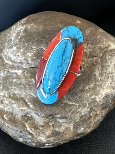 Native American Navajo Blue Turquoise Spiny Oyster Inlay Band Ring | Sz 9 | 16431