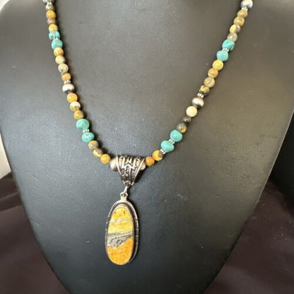 Navajo BumbleBee Jasper Pendant with Pearls | Sterling Silver Necklace | Authentic Native American Handmade | 16877