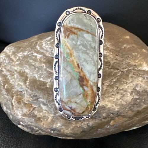 Navajo Ribbon Boulder Green Turquoise Ring | Sterling Silver | Sz 10 | Authentic Native American Handmade | 16255