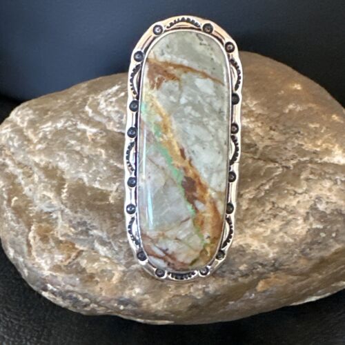 Navajo Sterling Silver Ribbon Boulder Green Turquoise Ring Size 10 16255