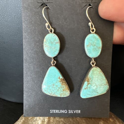 Navajo Blue Kingman Turquoise Dangle Earrings | Sterling Silver | Authentic Native American Handmade | 15124