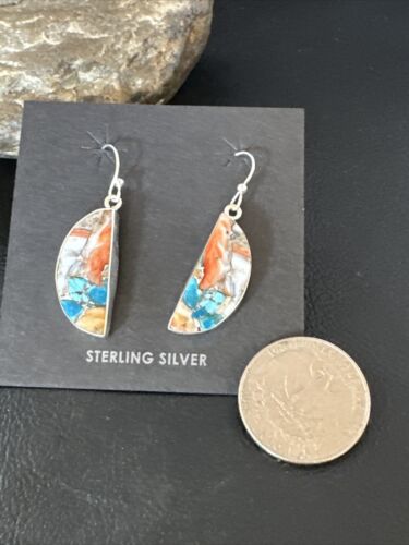 Navajo Blue Turquoise & Orange Spiny Oyster Inlay Dangle Earrings | Sterling Silver | 15584